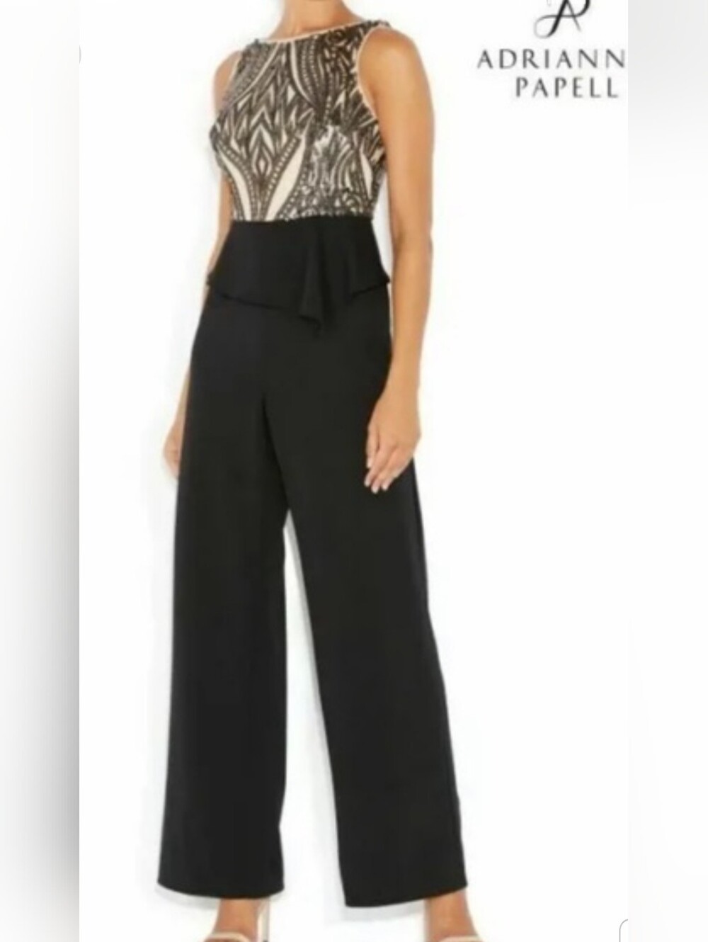 Adrianna Papell Black Sleeveless Sequin Halter Jumpsuit Size 12P